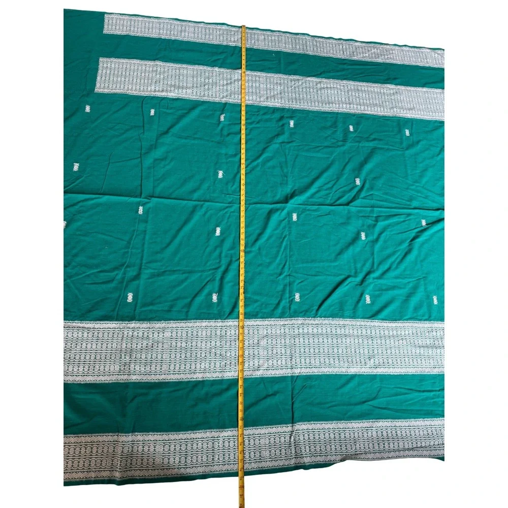 Vintage Handwoven Teal Green Cotton Textile Brocade Geometric Pattern 87x79